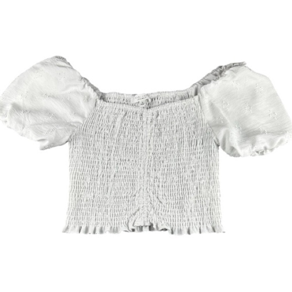 Kirious LA White Boho Cropped Puff Sleeve Summer Top Cottage Casual Sz M